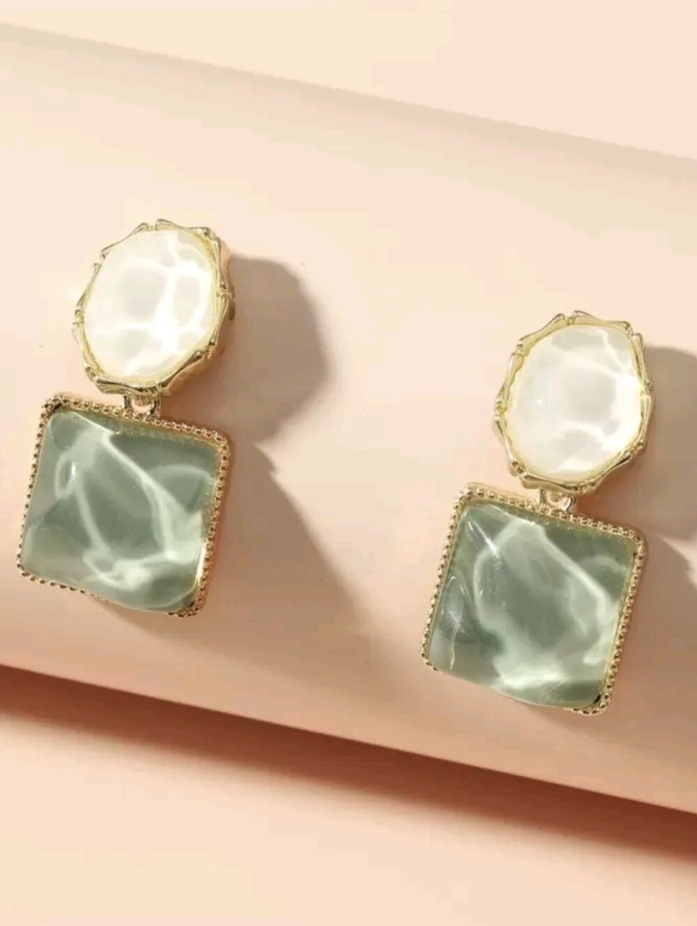 Gold-Tone Green and White Drop Earrings